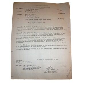 1945 WWII War‎ Dept Document Flight Officer William Meyer Promotion 2nd Lt